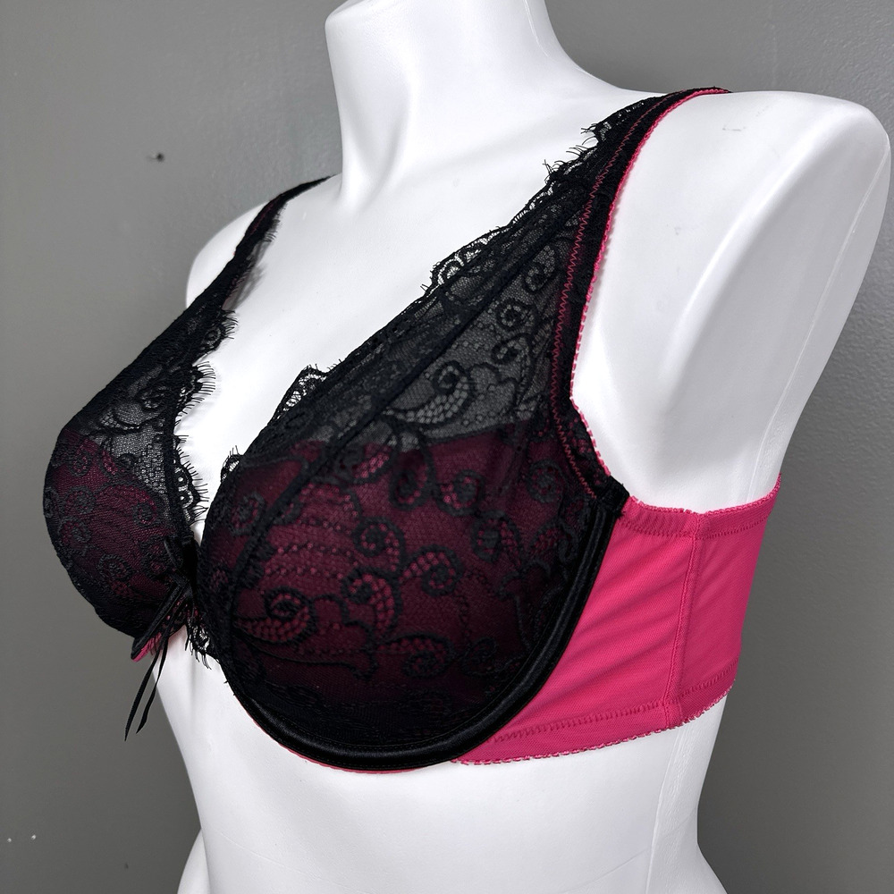 Vintage Y2K Cacique Bra 40D Hot Pink Black Lace Satin Underwire NWT Deadstock